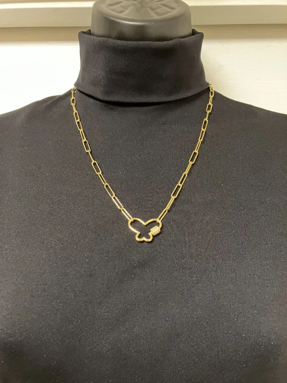 Butterfly Cubic Zirconia Pendant on 18 inch Brass Paper Clip chain Brand New
